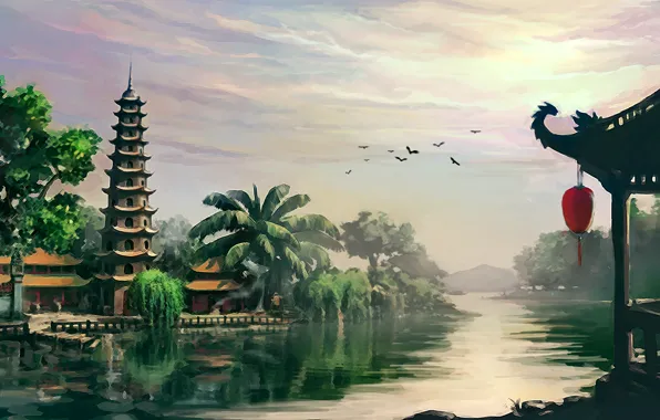 Landscape, river, Asia, temple, pagoda, Vietnam