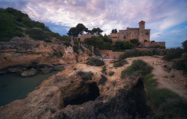 Picture castle, rocks, shore, vegetation, people, Spain, pond, tourists