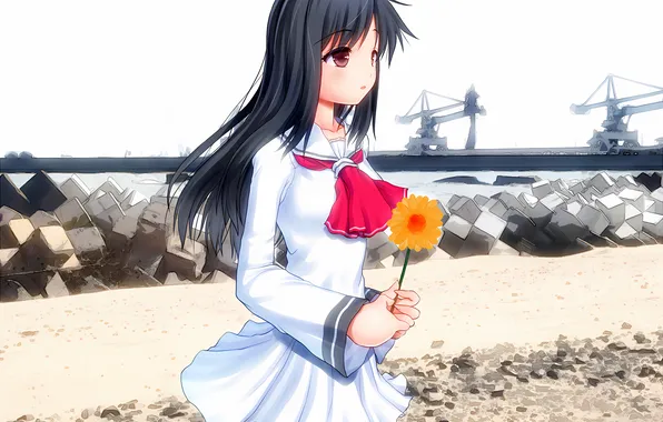 Girl, beach, flower, long hair, dress, sea, anime, beautiful