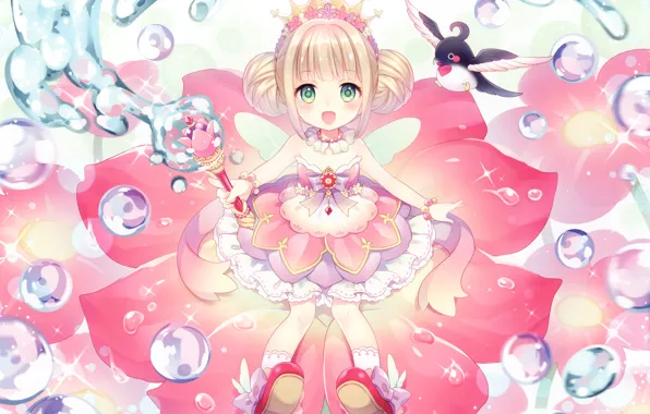 Bubbles, crown, Lotus, girl, rod, wings, Princess, sorceress