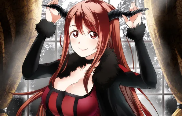 Girl, room, anime, window, art, horns, curtains, maoyuu maou yuusha