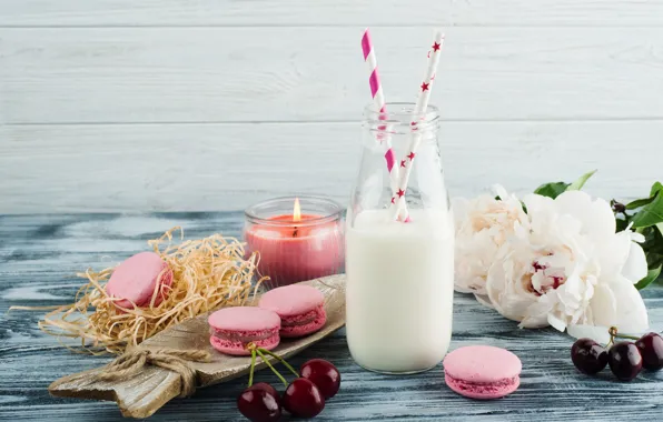 Flowers, cherry, bottle, milk, cookies, peony, tube