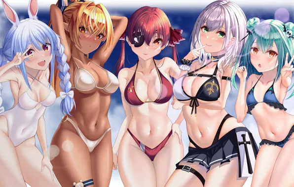 Swimsuit, girls, Usada Pekora, Houshou Marine, Hololive, Shirogane Noel, Shiranui Flare, Uruha Rushia