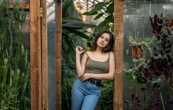 Picture look, pose, greenhouse, model, portrait, plants, jeans, makeup
