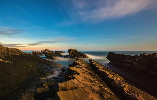 Sea, the sky, stones, shore, rocky, stone ridge