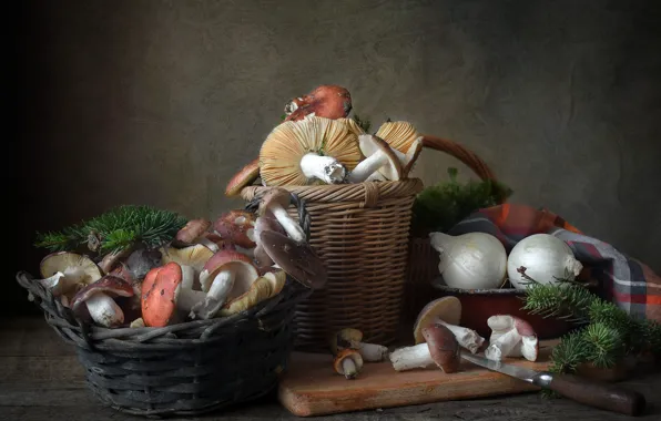Table, mushrooms, food, towel, bow, knife, still life, basket