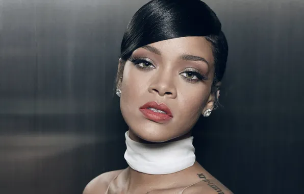 Look, portrait, makeup, brunette, tattoo, hairstyle, singer, Rihanna