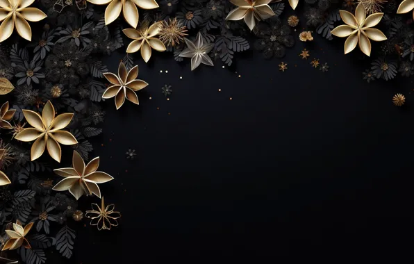 Snowflakes, background, gold, black, New Year, Christmas, golden, black