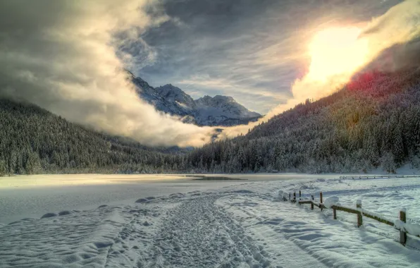 Winter, road, forest, snow, mountains, traces, lake, the fence