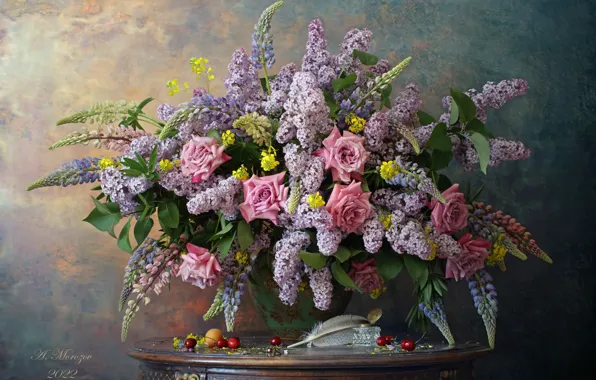 Picture flowers, style, berries, pen, roses, bouquet, still life, lilac