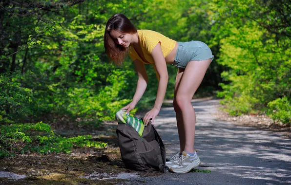 Forest, shorts, trees, nature, model, brunette, gorgeous, posing