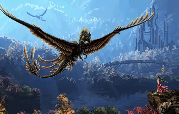 Leaves, water, girl, trees, bridge, fiction, dragon, wings