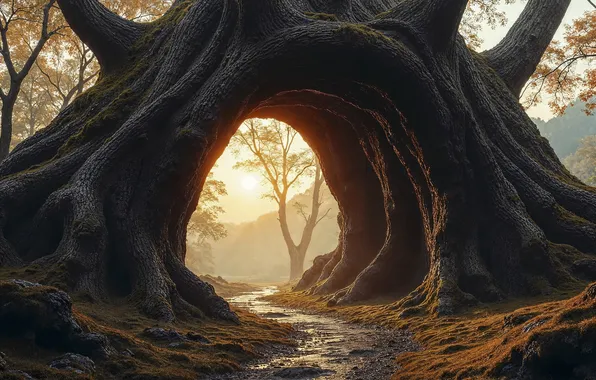 Autumn, forest, light, branches, fog, stream, tree, morning