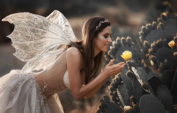 Picture flower, girl, wings, dress, brunette, fairy, cacti, Kuznetsova Victoria