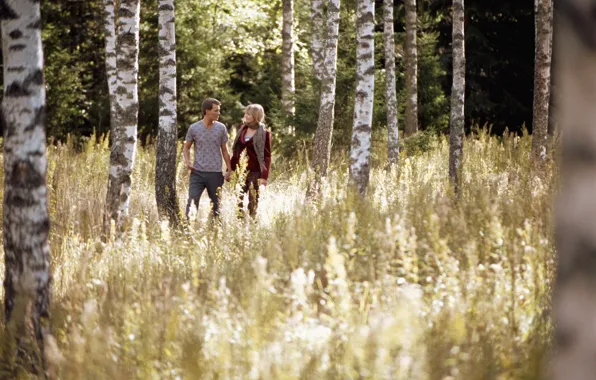 Picture forest, girl, love, walk, forest, two, birch, boy