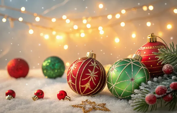 Winter, balls, snow, lights, patterns, green, Christmas, red