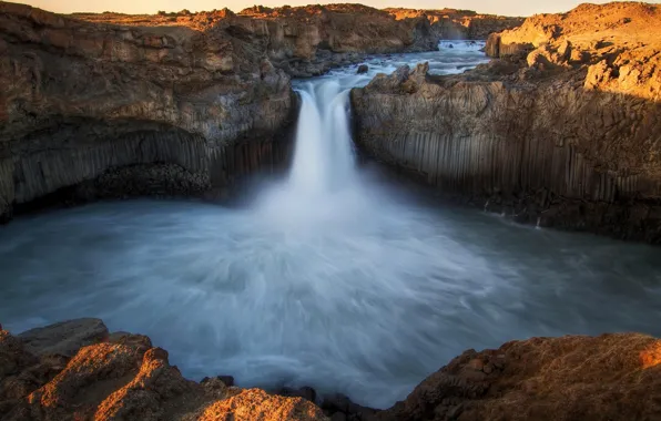 The sky, sunset, mountains, lake, river, rocks, waterfall