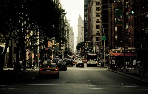 Machine, the city, people, street, New York, skyscrapers, America, USA
