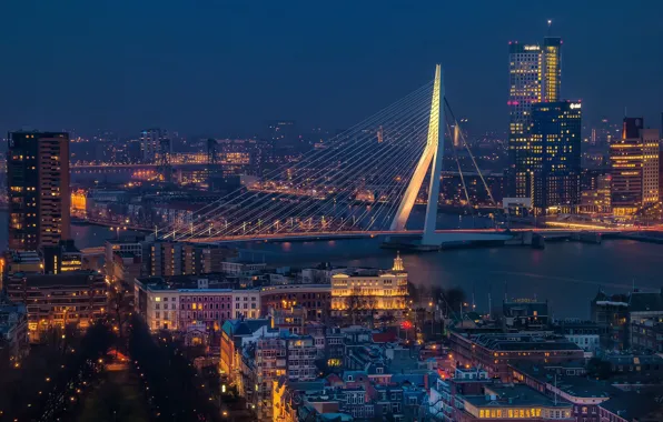 Netherlands, blue hour, cityscape, Rotterdam, Erasmus Bridge, urban scene, Erasmusbrug