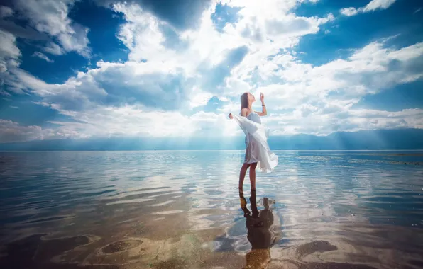 The sky, girl, clouds, reflection, in the water