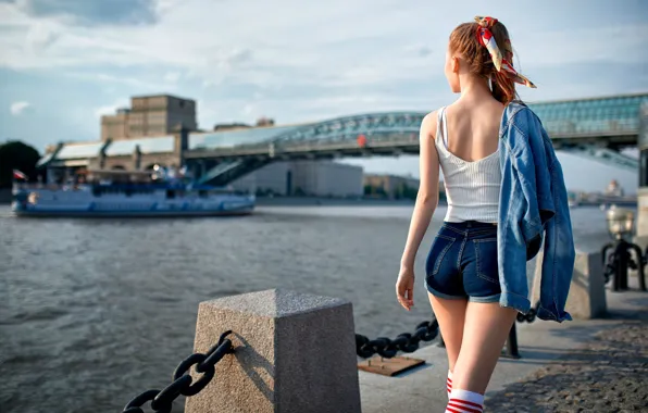 Picture girl, the sun, bridge, the city, pose, river, model, shorts