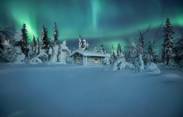 Picture winter, snow, trees, hut, Northern lights, the snow, hut, Finland