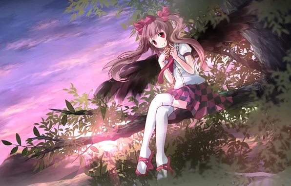 Picture the sky, look, girl, clouds, trees, branches, foliage, blush