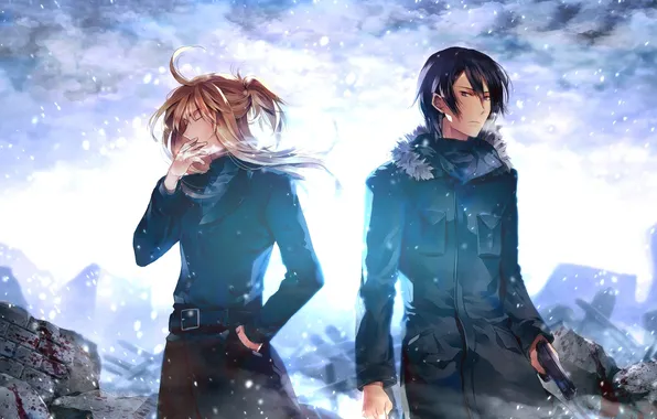 Winter, snow, gun, weapons, blood, smoke, anime, art