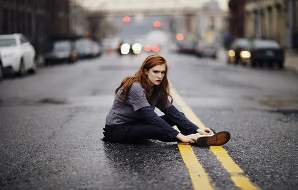 Road, girl, mood, red, sitting, gloomy