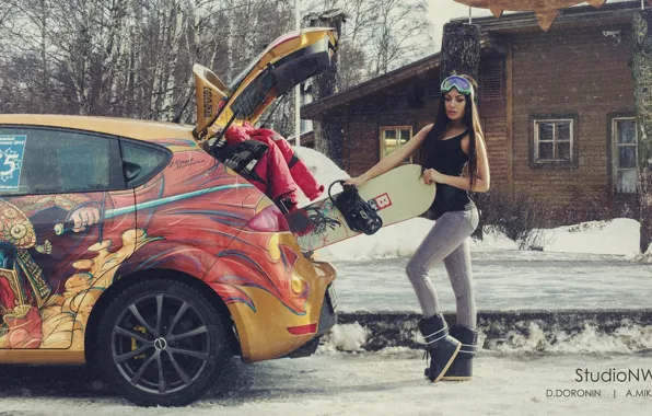 Picture winter, machine, auto, girl, snow, trees, house, street, snowboard, sport, figure, brunette, glasses, jacket, the …