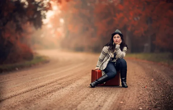 Picture road, autumn, girl, suitcase, Fall Road