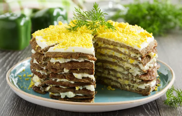 Food, dill, decoration, appetizer, mayonnaise, liver cake