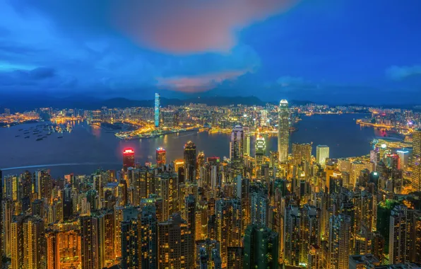 Sea, landscape, the city, night lights, Hong Kong, China, night city