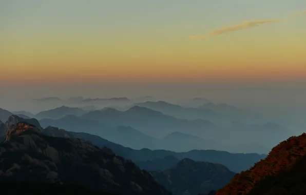 China, clouds, fog, Sunrise, Mountains, Mountain Range, Anhui, Huangshan