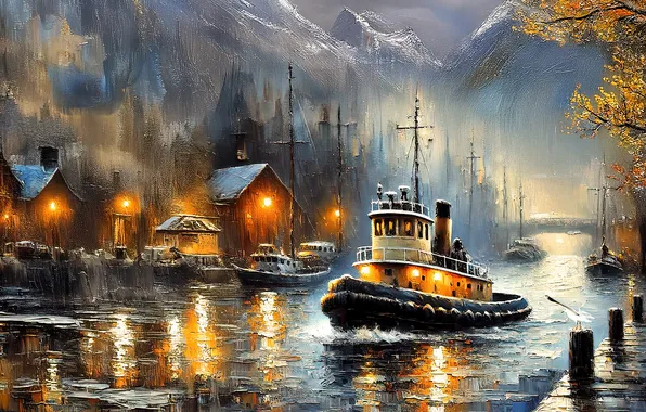 Picture ship, reflection, mountains, AI art, swimming, shore, houses, sea