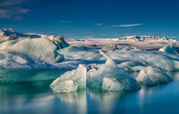 Picture ice, sea, the sky, the sun, snow, blue, Iceland, blocks