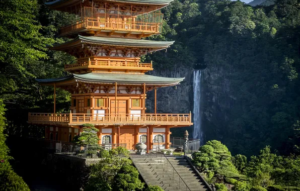 Waterfall, ladder, pagoda, Japan, Seigantoji Pagoda