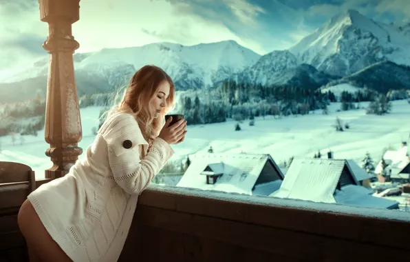 Winter, forest, ass, girl, snow, landscape, mountains, pose