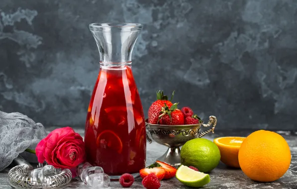 Flowers, berries, orange, strawberry, Drink, Lime