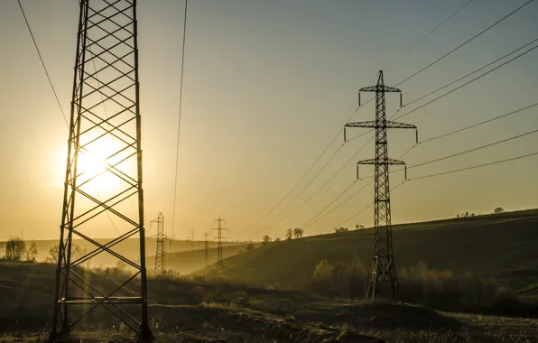 The sky, the sun, sunset, Power lines, support