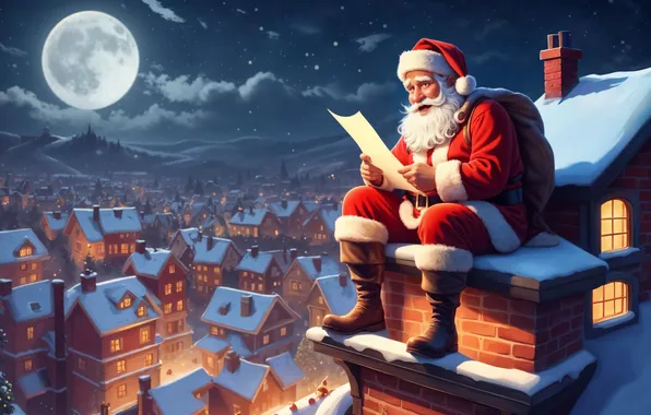 Home, Winter, Night, Snow, The moon, Christmas, New year, Roof