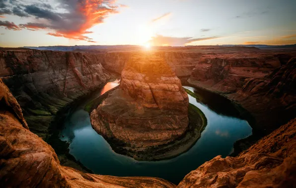 The sky, the sun, clouds, rays, river, Colorado, canyon, AZ