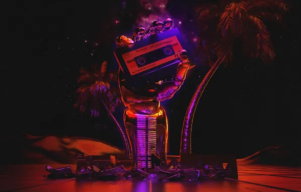 Music, Style, Palm trees, Music, 80s, Style, Neon, Rendering