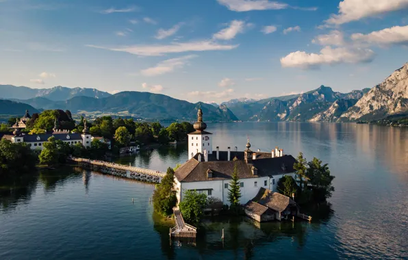 Mountains, island, Austria, Church, pond, lake Traunsee