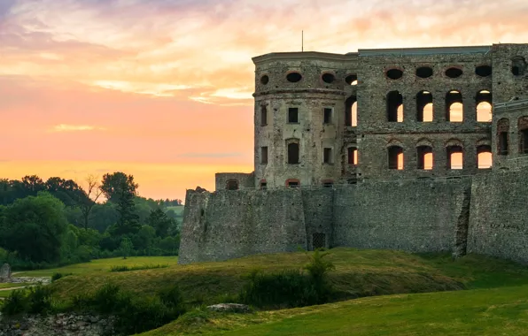 The sky, clouds, trees, landscape, sunset, castle, wall, Windows