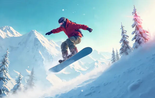Winter, Snow, Snowboard, Jump, Guy, Digital art, AI art, The Art of Artificial Intelligence