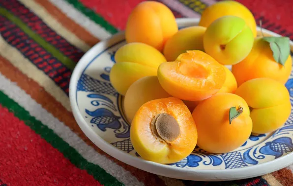 Table, food, plate, fabric, fruit, apricots