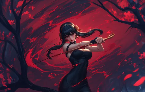 Red, magic, brunette, art, Anime, gold, black dress, spy x family