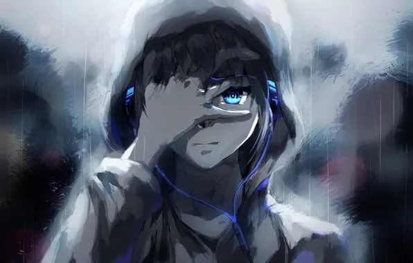 Picture people, rain, anime, headphones, tears, art, guy, raku aohane