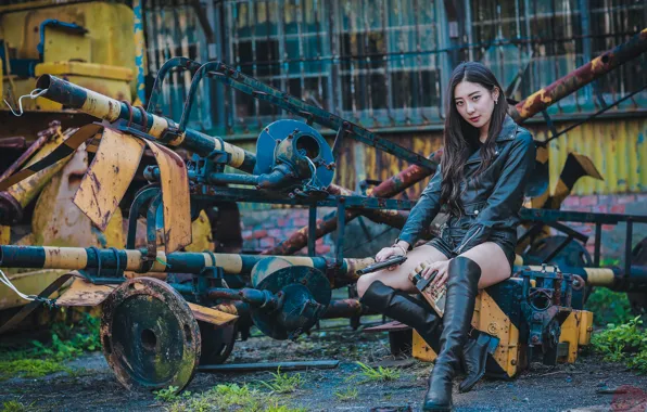 Gun, feet, shorts, brunette, Asian, metal, leather jacket, explosives